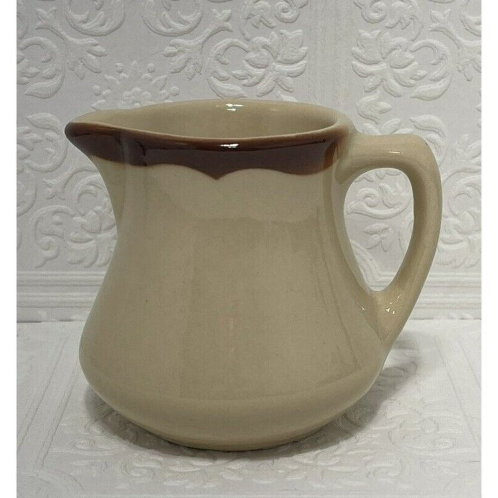 Restaurant Ware Buffalo China Creamer Small Syrup Pitcher USA Beige W Brown Rim